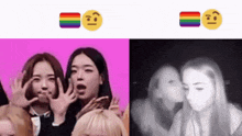 a rainbow smiley face next to a black and white photo of a girl kissing another girl