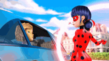 a ladybug standing next to a man in a blue car