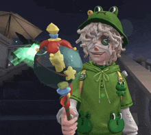 a person wearing a green frog hat is holding a wand
