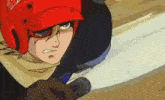 a cartoon character wearing a red helmet and goggles is holding a sword