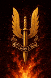 a sword with wings and a banner that reads who dares wins
