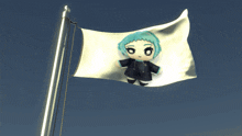 a stuffed doll with blue hair is flying on a white flag