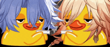 a couple of ducks with their eyes closed and a braided tail