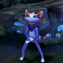 a blue and white cat with blue eyes is standing in a dark forest