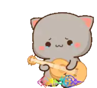 a cartoon cat is holding a guitar with a sad face