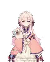 a girl in a pink dress is holding a cat in her arms