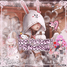 a picture of a girl with a bunny hood and the words 100 percent princess on the bottom