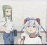 a girl with green hair is standing next to a girl with gray hair