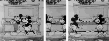 a black and white cartoon of mickey mouse and minnie mouse dancing in front of a piano .