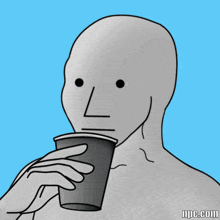 a cartoon drawing of a man drinking from a cup with the website npc.com below it
