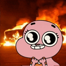 gumball from the amazing world of gumball stands in front of a burning car