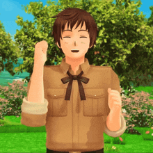 a cartoon character with brown hair and a bow tie is smiling