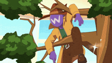 a cartoon character with a purple head and the letter w on his face