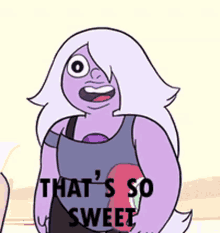 a cartoon character from steven universe is holding a balloon and saying `` that 's so sweet '' .