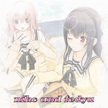 two anime girls are sitting next to each other and the words milko and fedya are on the bottom