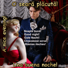 a man and a woman are sitting on a couch and the words una buena noche are on the bottom