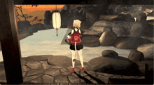 a cartoon character is standing in a rocky area with a lantern in the background