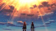 a couple of girls standing in front of a cloudy sky