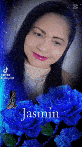 a woman with the name jasmin surrounded by blue flowers