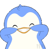 a blue and white penguin with a yellow beak is making a funny face