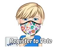 a girl wearing a floral face mask is holding a ballot box with the words register to vote below her