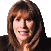 a close up of a woman 's face with long brown hair and bangs
