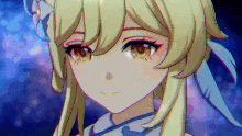 a close up of a girl with blonde hair and a flower in her hair