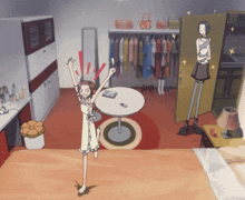 a girl in a white dress is standing in a room with clothes hanging on the wall