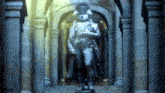 a statue of napoleon standing in a hallway with the word corpo on the bottom right