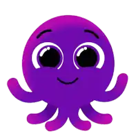 a purple octopus with big eyes is smiling and looking at the camera .