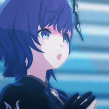 a close up of a girl with blue hair