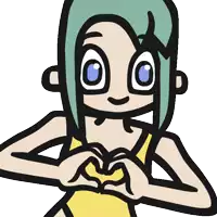a cartoon girl with green hair making a heart shape with her hands