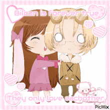 a picture of a boy and a girl with the words " bilcon is forever true "