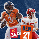 a football player holding a sign that says " kc 34 vs den 21 "