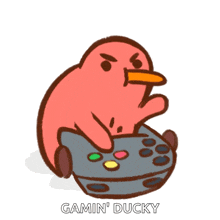 a cartoon of a duck holding a video game controller with the caption " gamin ' ducky "