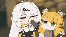 a cartoon drawing of a girl with white hair and a yellow haired girl with green eyes