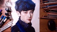 a drawing of a young man with blue hair is surrounded by markers and pencils