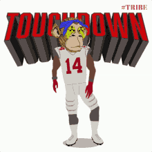 a cartoon monkey wearing a white jersey with the number 14 on it