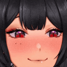 a close up of a anime girl with red eyes