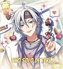 a boy with white hair is holding a fork with the words sho solo de teru on the bottom