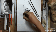a person is drawing a woman 's face on a piece of paper made in animatica