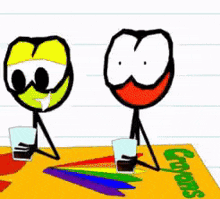two stick figures sit at a table with crayons