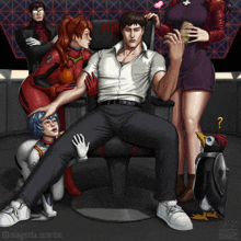 a drawing of a man sitting in a chair surrounded by women and a penguin with the caption magenta sunrise