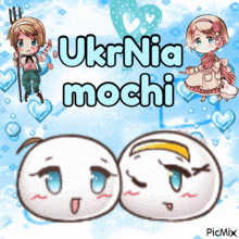 a blue background with hearts and the words " ukrnia mochi " on it