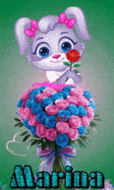 a cartoon bunny holding a rose next to a bouquet of pink and blue roses with the name marina above it