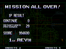 a video game screen says mission all over and has a score of 994600