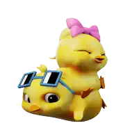 a cartoon chick wearing sunglasses and a pink bow sits on another chick 's back
