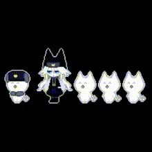 a pixel art of a cat standing next to four white cats .