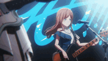 a girl playing a guitar and singing into a microphone