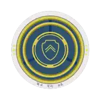 a blue and yellow circle with a shield in it